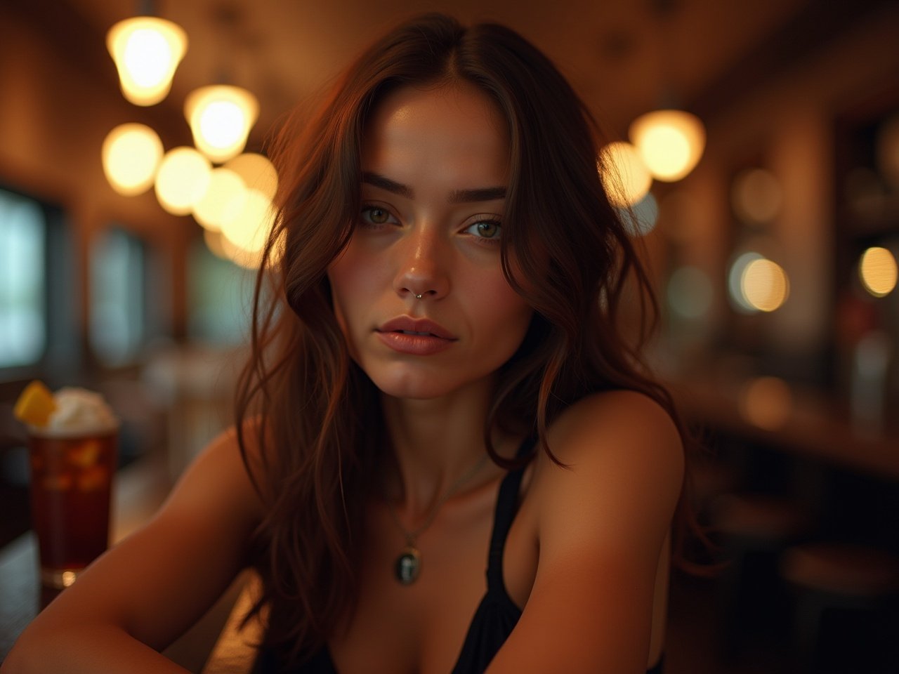 The image features a young woman sitting at a cafe, exuding a relaxed and thoughtful vibe. With soft, warm lighting surrounding her, she gazes softly at the camera. Her wavy hair flows elegantly, framing her face. In the background, soft glowing lights create a cozy atmosphere. An iced beverage sits on the table, adding to the cafe ambience. The overall composition captures a moment of contemplation in a stylish setting.