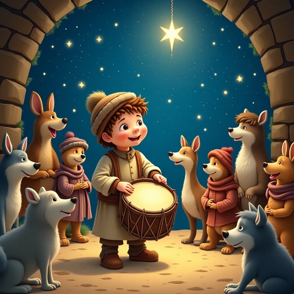 This illustration features a cheerful young boy playing a drum, surrounded by a joyful gathering of animals and friends. They are in a stone archway under a starlit sky, creating a magical atmosphere reminiscent of the Christmas spirit. The main character has a warm expression, showing joy and excitement. Each animal is uniquely positioned, expressing curiosity and happiness about the performance. The scene embodies themes of friendship and celebration, ideal for holiday storytelling.