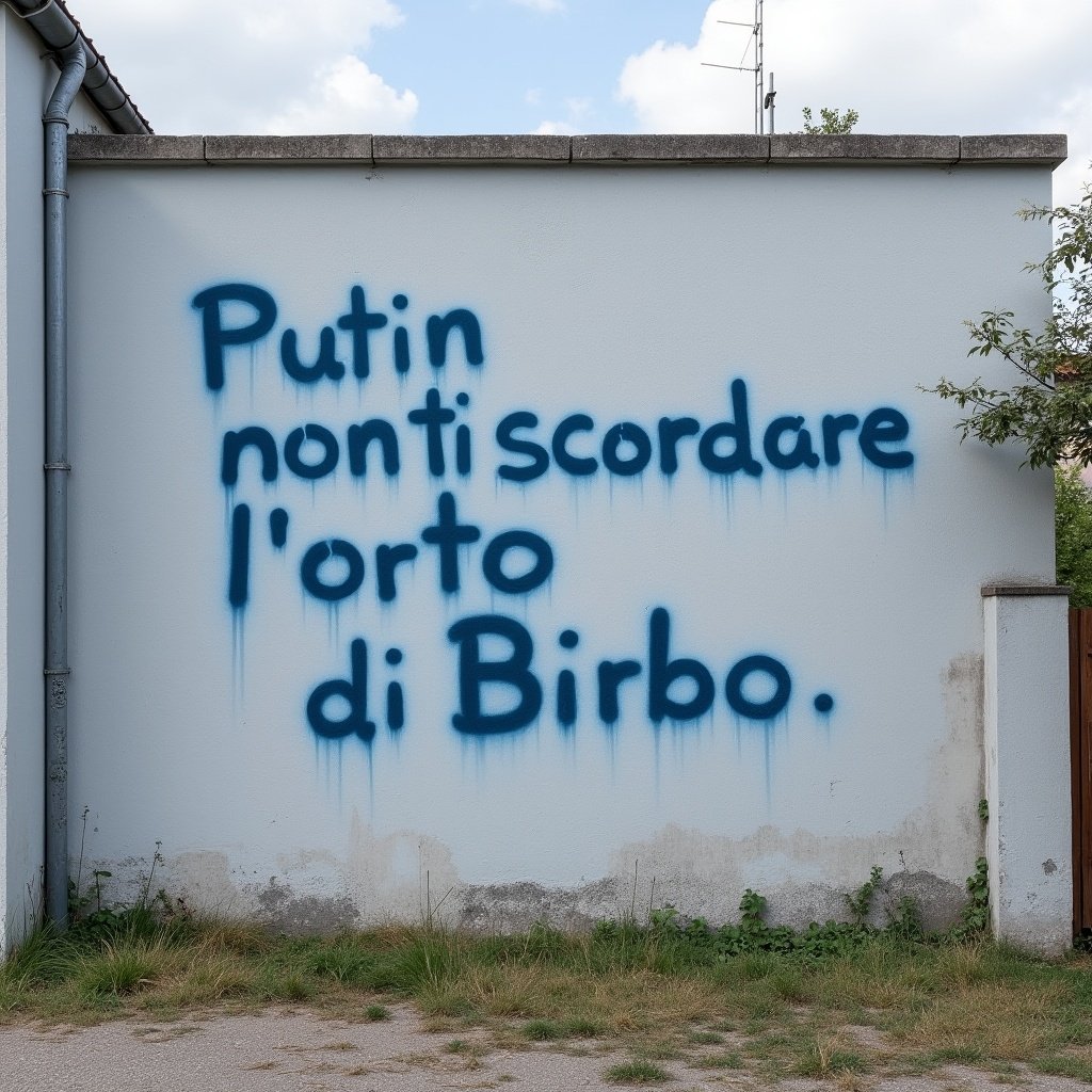 A large light grey wall features blue spray-painted text that reads 'Putin non ti scordare l'orto di Birbo.' The wall is part of a school, and the graffiti stands out prominently against the light background. This piece of street art captures a political message. The environment is bright and the setting is casual, showcasing community engagement in artistic expression. The message may spark discussions among students and visitors.