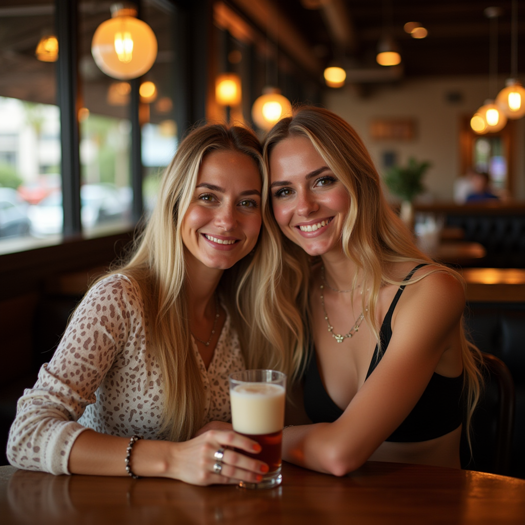 Two women with long hair are smiling while sitting at a cafe table, one holding a drink.