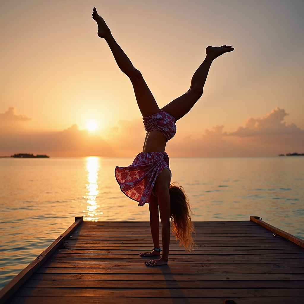 A person gracefully performs a handstand on a pier during sunset.