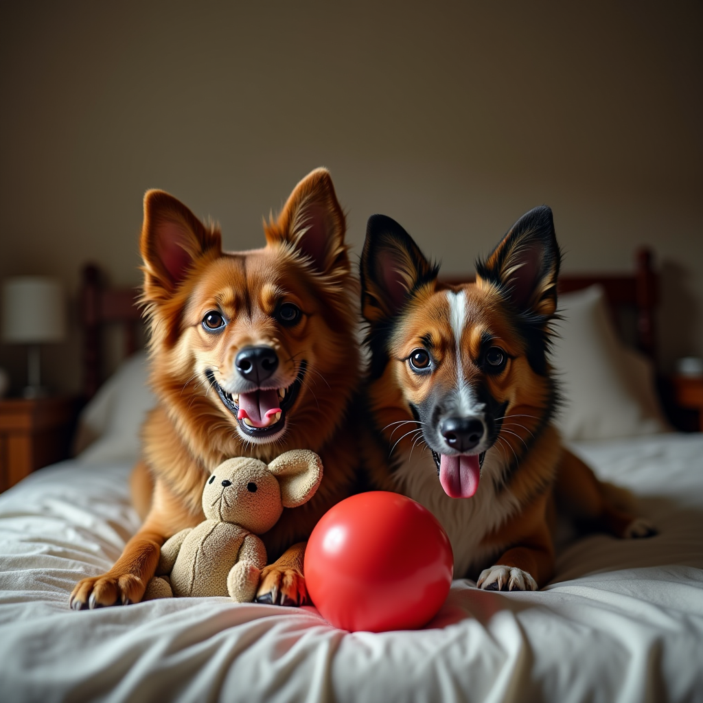 Two cheerful dogs are lying on a bed with a stuffed toy and a red ball.