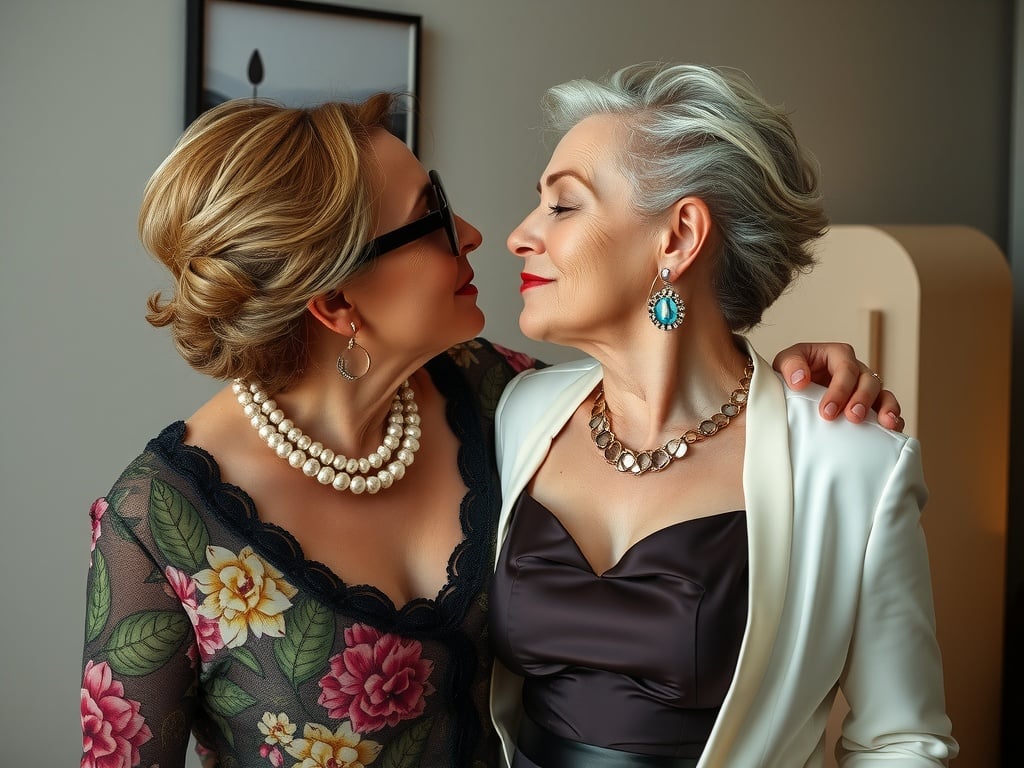 The image features two elegantly dressed older women sharing a moment of warmth and closeness. The woman on the left wears a floral dress with pearls, while the one on the right is dressed in a white blazer with a statement necklace. Their expressions are joyful, suggesting a deep friendship or familial bond, highlighted by their gentle embrace in a softly lit interior space.