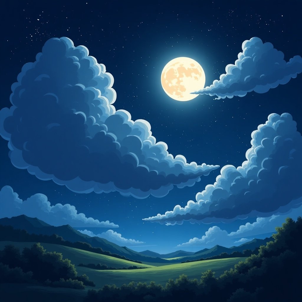 The image depicts a tranquil night scene with a large, bright moon casting its glow over a landscape. Soft, cartoon-style clouds float in the sky, creating a cozy atmosphere. The mountains are outlined against the starry background, enhancing the serene feel. The green hills below add a touch of nature, providing balance to the dark blue sky. This anime-inspired drawing captures the beauty of a peaceful evening.