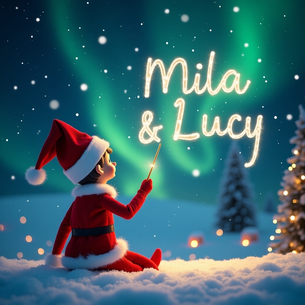 The image features a charming elf on the shelf, with its back turned to the viewer, gazing up at a starry night sky. The elf is wearing a classic red and white outfit and is using a magic wand to write the names 'Mila & Lucy' in sparkling letters against the backdrop. The scene is illuminated by the stunning northern lights, casting a festive glow over the snowy landscape. In the distance, a decorated Christmas tree can be seen alongside twinkling lights, creating a magical holiday ambiance. This whimsical setting captures the true spirit of Christmas.