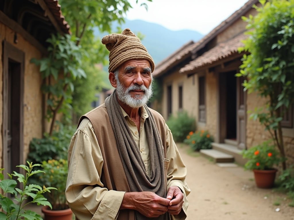 The image features an elderly man standing in a picturesque rural setting. He wears traditional attire, complete with a handwoven cap and a scarf, reflecting the rich cultural heritage of his region. Surrounding him are charming, old stone houses with lush greenery and vibrant flowers, indicative of a tranquil and simple lifestyle. The soft, natural light creates a serene atmosphere, emphasizing the man's kind expression. This scene offers a glimpse into the past, showcasing the beauty of vintage architecture and traditional ways of living.