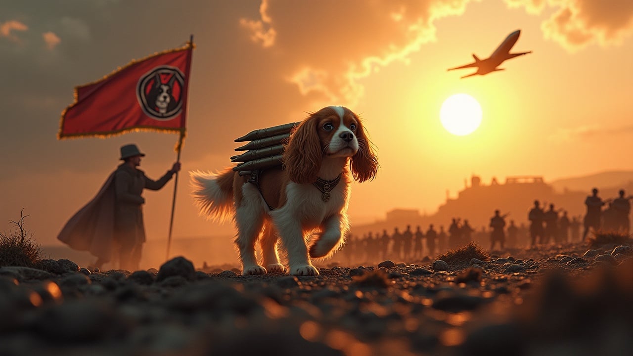 In a dramatic and awe-inspiring scene, a fluffy brown and white cavalier king charles spaniel walks across a dark, desolate battlefield. There are several small missiles strapped to its back. Nearby, a figure wearing a cloak stands valiantly holding a flag with a dog emblem. In the background are a multitude of small soldiers holding rifles as well as tanks, barely visible among the shadows. The sky is lit by the bright radiance of the sun. A jet fighter passes overhead. At the bottom, we see the text 'Mucy' boldly displayed, in fiery writing.