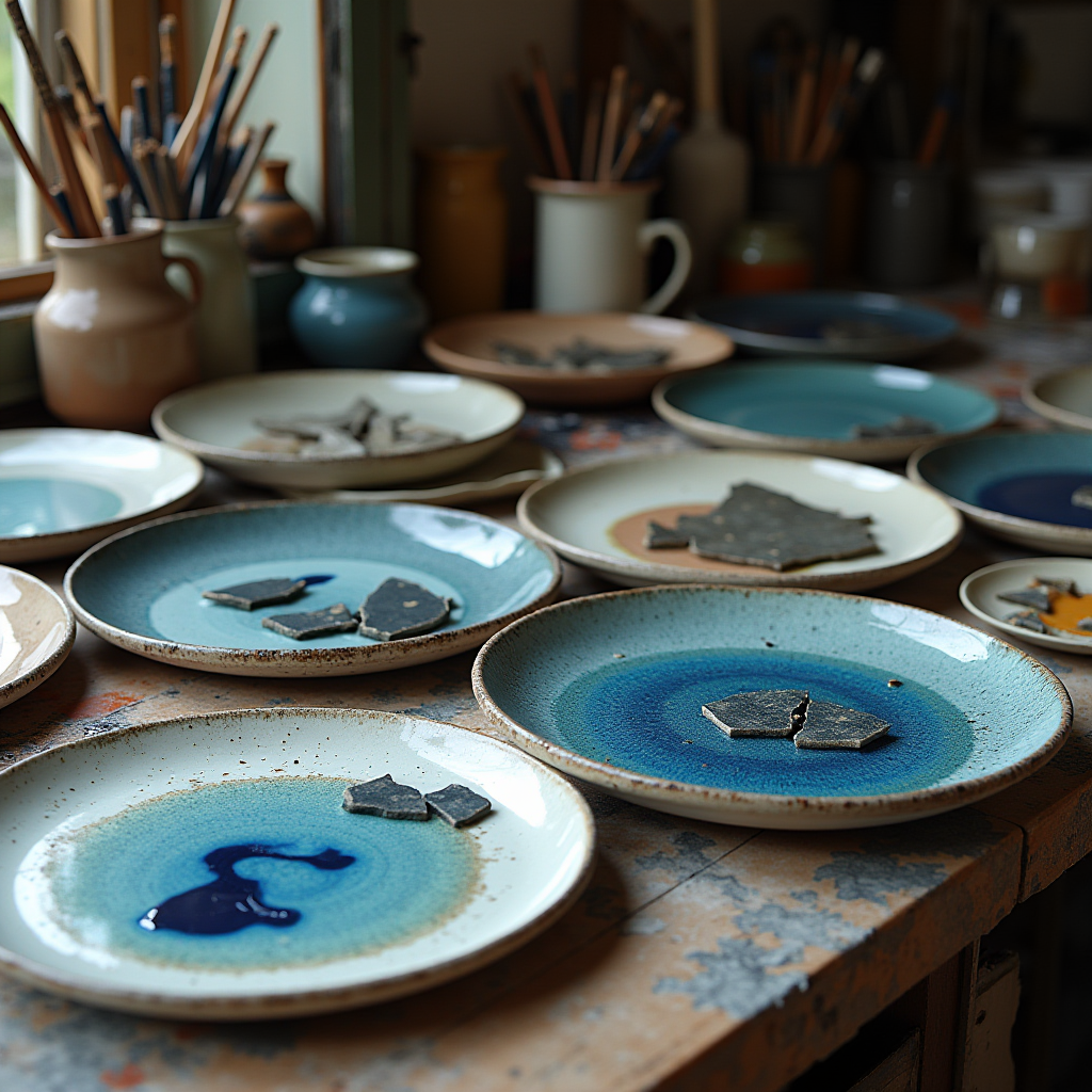 Various ceramic plates with intricate color designs and broken pieces are displayed on a rustic table in a workshop setting.