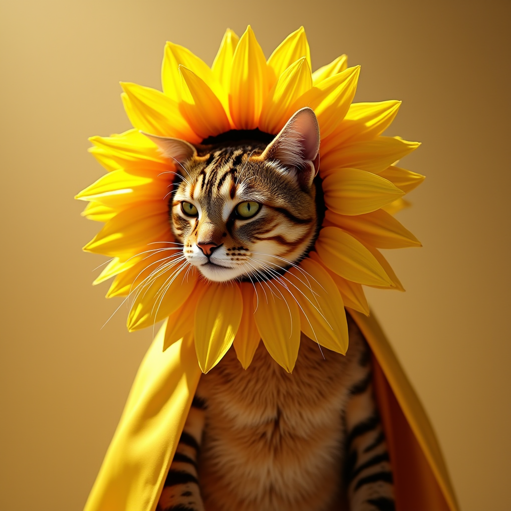 A cat with its head adorned by a large sunflower, appearing as if wearing it like a collar or crown.