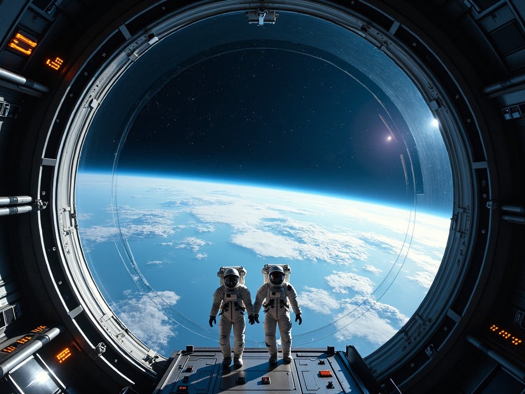 The image depicts two astronauts standing at the threshold of a spacecraft's hatch, looking out into the vast expanse of space. They are positioned against a backdrop of Earth, showcasing its curvature and the blue oceans. The spacecraft's interior provides a futuristic feel with metallic textures and displays. Bright stars twinkle in the background, adding depth to the scene. This captures a moment of exploration and adventure, highlighting the thrill of space travel and the beauty of our planet from above.