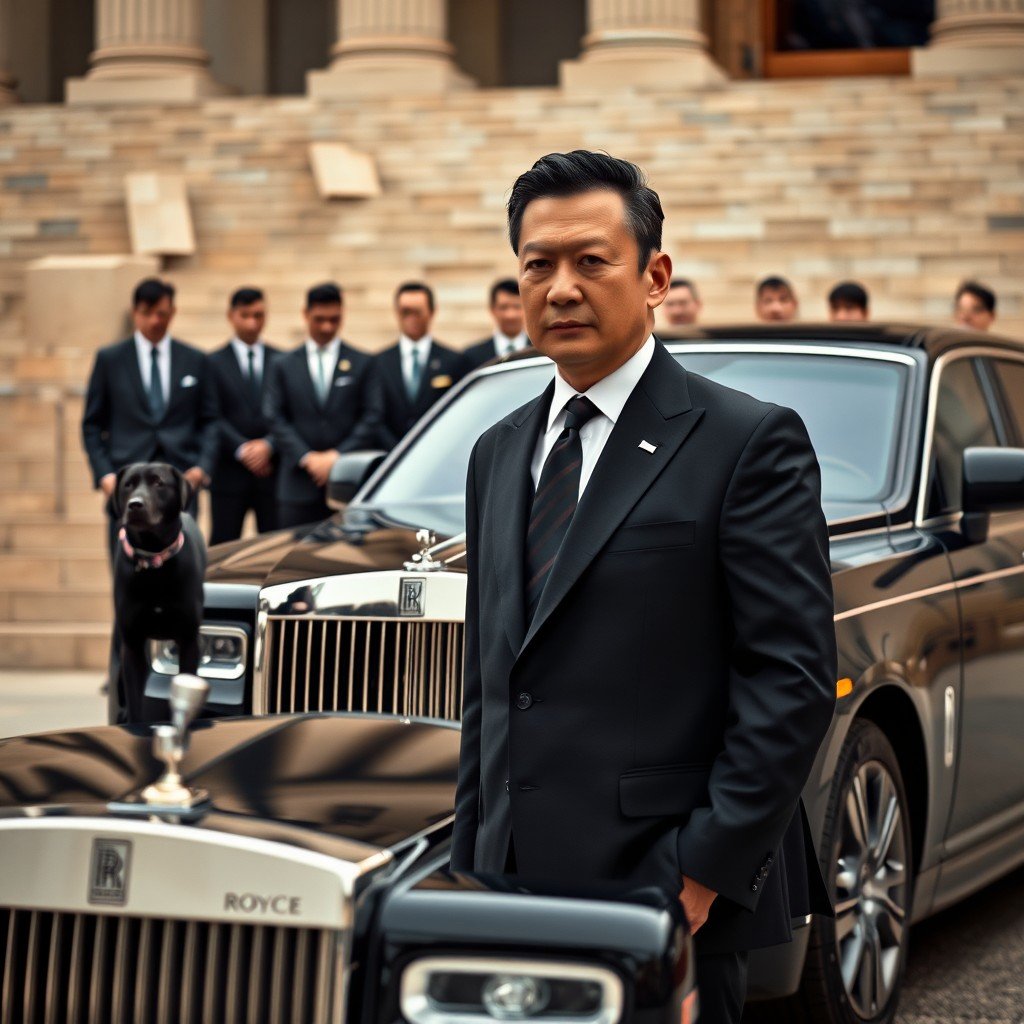 A confident man in a suit stands in front of a luxurious car, accompanied by a group of similarly dressed men and a dog.