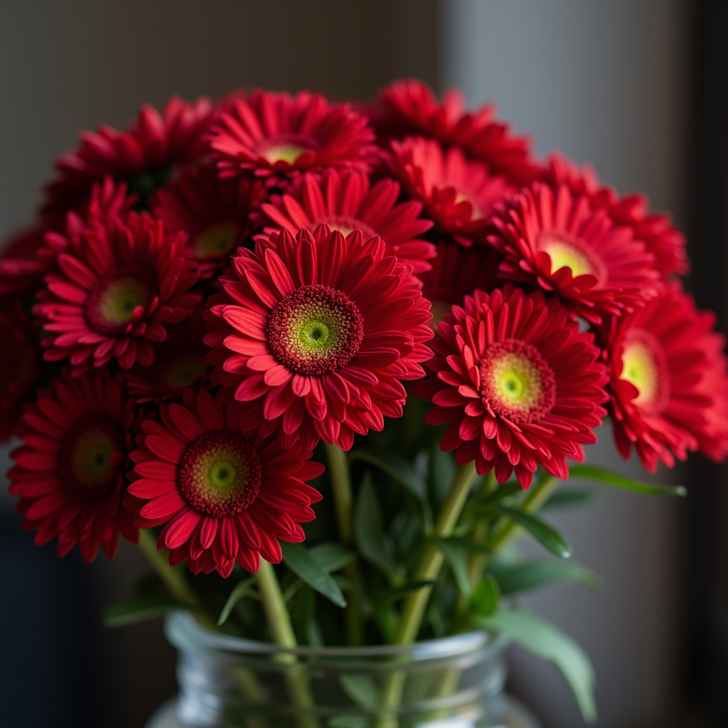 A vibrant bouquet of red gerbera daisies in a glass vase.