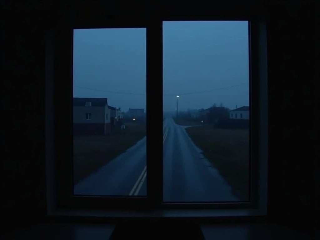 The image captures a window in a dark room, framed by shadowy surroundings. Beyond the window lies an empty road, leading to a sparsely populated area with buildings. The atmosphere is defined by a dark morning blue hour sky, enhancing the feeling of solitude. The scene is captured at an angle, emphasizing the confines of the interior contrasted with the open road. Dim lighting sets a reflective and somber mood, perfect for evoking thoughts about isolation or quiet moments in life.