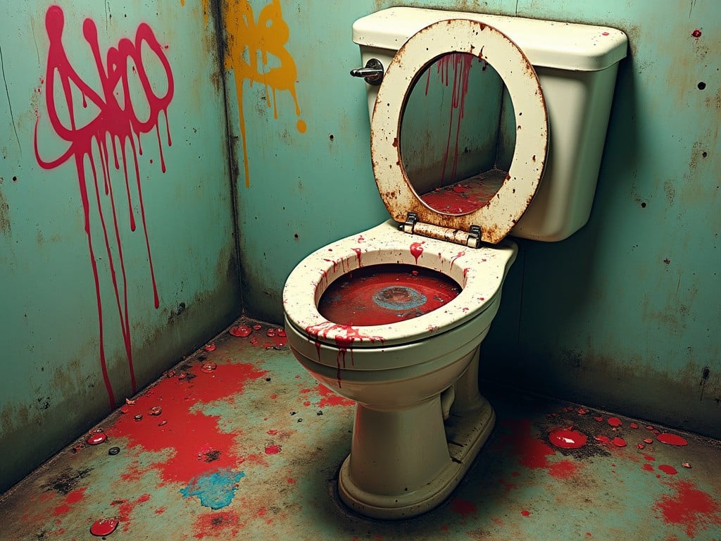 dilapidated bathroom with graffiti and paint splashes