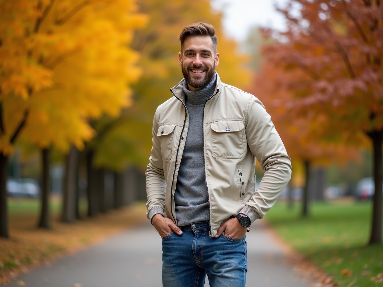 A tall, slim, and fit man is standing in a park during autumn. He is wearing a stylish, casual outfit suitable for the season, including a light jacket and jeans. The background features colorful autumn leaves and trees. He is looking directly at the camera with a friendly smile. His hands are comfortably tucked into the pockets of his jeans, creating a relaxed appearance. The image captures him from the waist up, emphasizing his confident stance and the beautiful fall scenery around him.