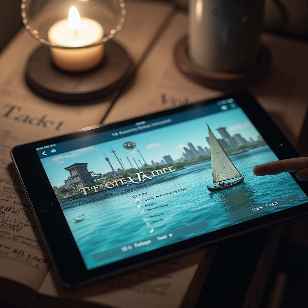 A tablet screen on a table shows a sailing game with city skyline in the background.