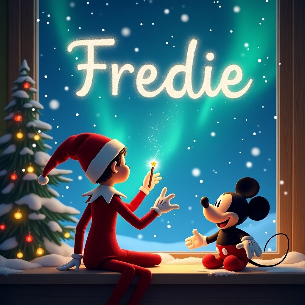 The image features an adorable elf on the shelf with his back to the viewer, gazing at a magical sky. He is using a sparkly wand to elegantly write the name 'Freddie' in shimmering letters. In the background, a beautiful Christmas scene unfolds, complete with vibrant northern lights. Beside the elf, Mickey Mouse looks up in awe, adding to the festive atmosphere. The scene is cozy, evoking warmth and holiday cheer, perfect for capturing the spirit of Christmas. The elf is decked out in classic red and white attire, embodying the joy of the season.