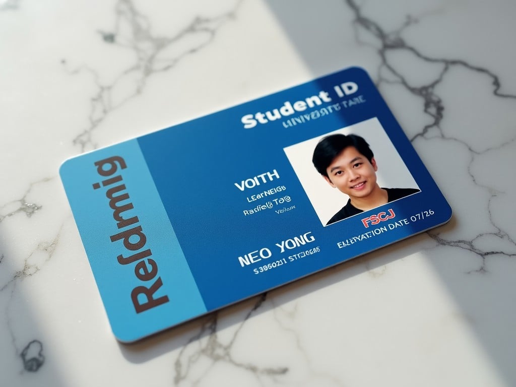 A close-up photograph of a student ID card on a marble surface, featuring a portrait and text about the student details.