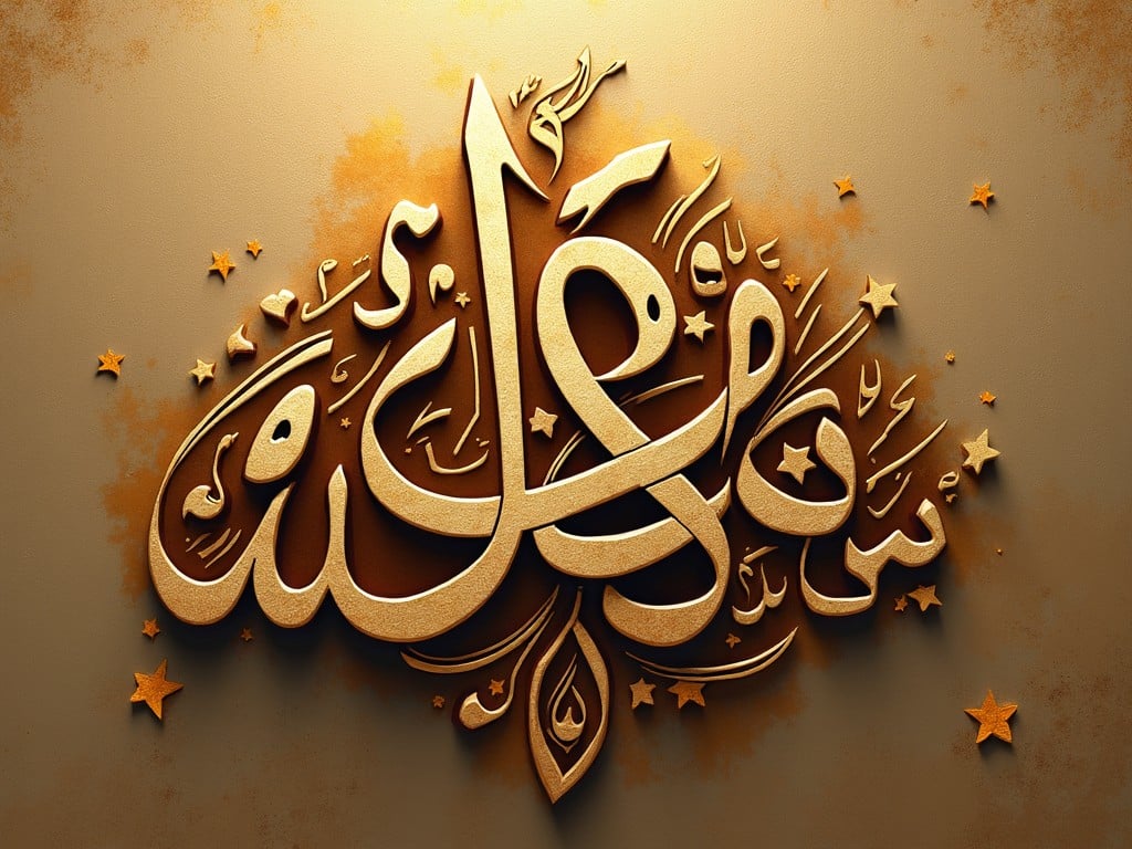 This image features ornate Arabic calligraphy with the word 'حياة', meaning 'life'. The design is intricate and three-dimensional, rendered in a warm golden color against a textured background. The letters are adorned with decorative elements such as stars and floral motifs. The lighting is soft, creating a serene and uplifting atmosphere, enhancing the depth of the calligraphy. This artwork exemplifies the artistic beauty of Arabic script, making it suitable for cultural and decorative purposes.