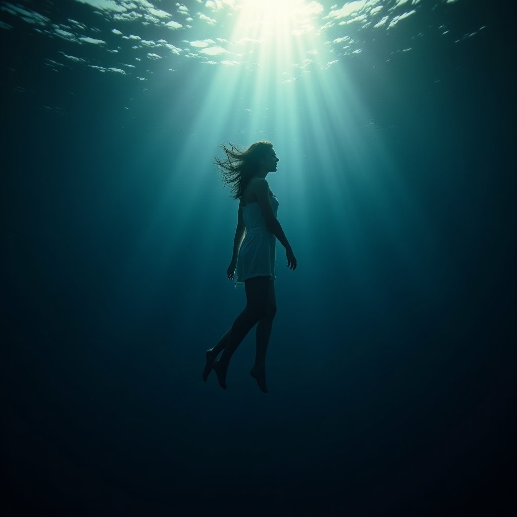 This image showcases a woman gracefully floating underwater, embodying solitude and emotional depth. The deep blue surroundings enhance feelings of isolation while sunlight breaks through the surface, illuminating her figure. As she floats, there is a sense of both freedom and entrapment, representing her emotional struggles. The contrasting colors create a meditative and melancholic ambiance. In the background, hints of distant stars and clouds evoke the vastness of space.