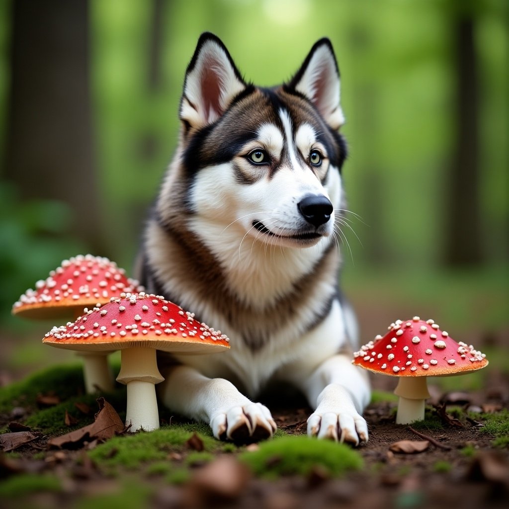 A Siberian husky lies gracefully among fly agaric mushrooms in a lush green forest. The dog's striking blue eyes are focused, showcasing its beauty amidst the vibrant red and white mushrooms. Sunlight filters through the tall trees, creating a serene atmosphere. The scene embodies a perfect blend of nature and companionship. The husky's fur contrasts beautifully with the colorful mushrooms, making for an enchanting sight.