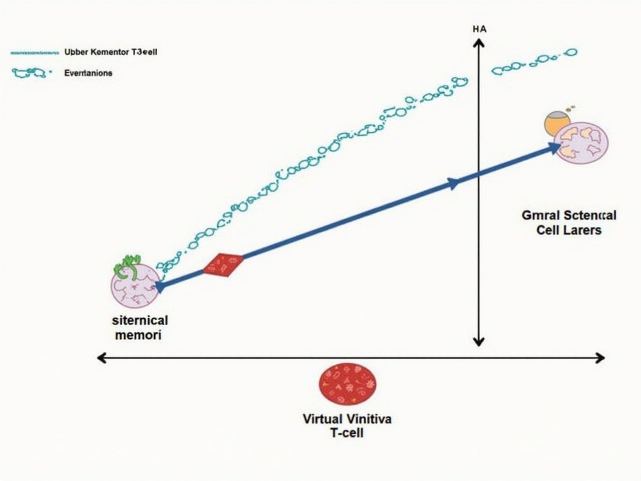 This detailed illustration depicts the development of virtual memory T cells during the in utero phase. It illustrates key stages in the maturation of T cells, showing the connections with other immune cells. The diagram emphasizes various interactions, including how memory cells are formed. The focus is on the pathways that lead to the generation of effective immune responses. Color-coded elements highlight important phases in the development process, making it a useful resource for educational purposes.