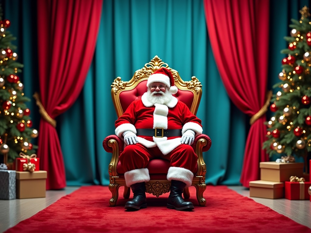 The image features Santa Claus in a cozy, festive setting. He is sitting on an ornate golden throne, wearing his classic red suit with white fur trim. The background is decorated with rich red and teal curtains, and Christmas trees adorned with lights and ornaments are on either side. Colorful gift boxes are arranged on the floor, adding to the holiday spirit. The overall atmosphere is warm and inviting, perfect for celebrating the joy of Christmas.