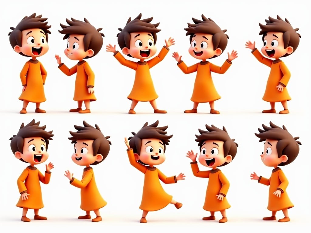 Create a 3D cartoon character of a young boy with a cheerful expression. He has brown hair and wears a long orange dress. The character showcases various poses, each illustrating different expressions such as joy, excitement, and curiosity. The bright orange color of the dress adds to his lively personality. Each pose reflects a moment of movement, emphasizing the character's dynamic nature. This character can be utilized in various contexts for children's media, from storybooks to animated series.