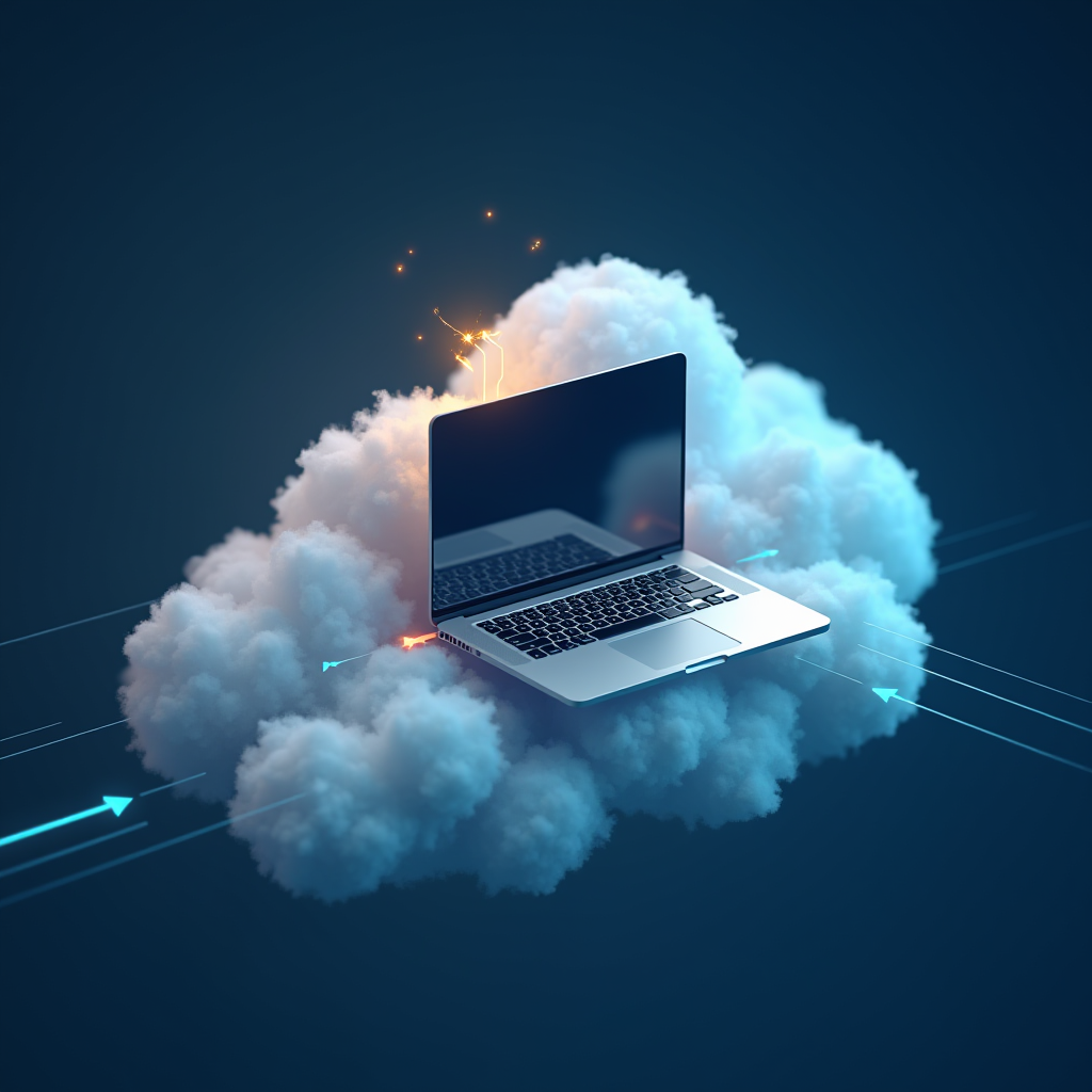 A floating laptop rests on a fluffy cloud surrounded by digital connections and glowing particles, symbolizing cloud computing.