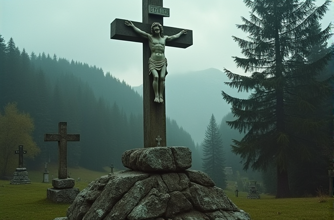 A crucifix stands prominently on a rocky base in a misty mountain cemetery surrounded by tall trees.