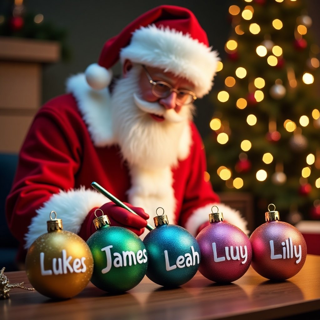 An image depicting Santa Claus in a cozy setting, adorned in his classic red suit and white beard. He is writing names on colorful baubles, each carefully painted in shiny finishes. The names depicted are 'Luke', 'James', 'Leah', 'Lucy', and 'Lilly'. The background features a beautifully decorated Christmas tree with glowing lights. The atmosphere is warm and festive, inviting viewers to feel the spirit of the holidays. This scene captures the joy of personalized holiday decorations.