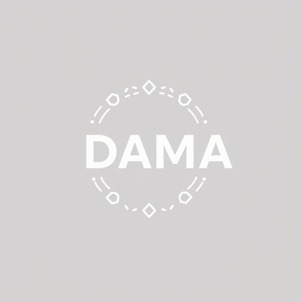 The image features the word 'DAMA' in bold white letters, encircled by decorative geometric shapes on a light gray background.