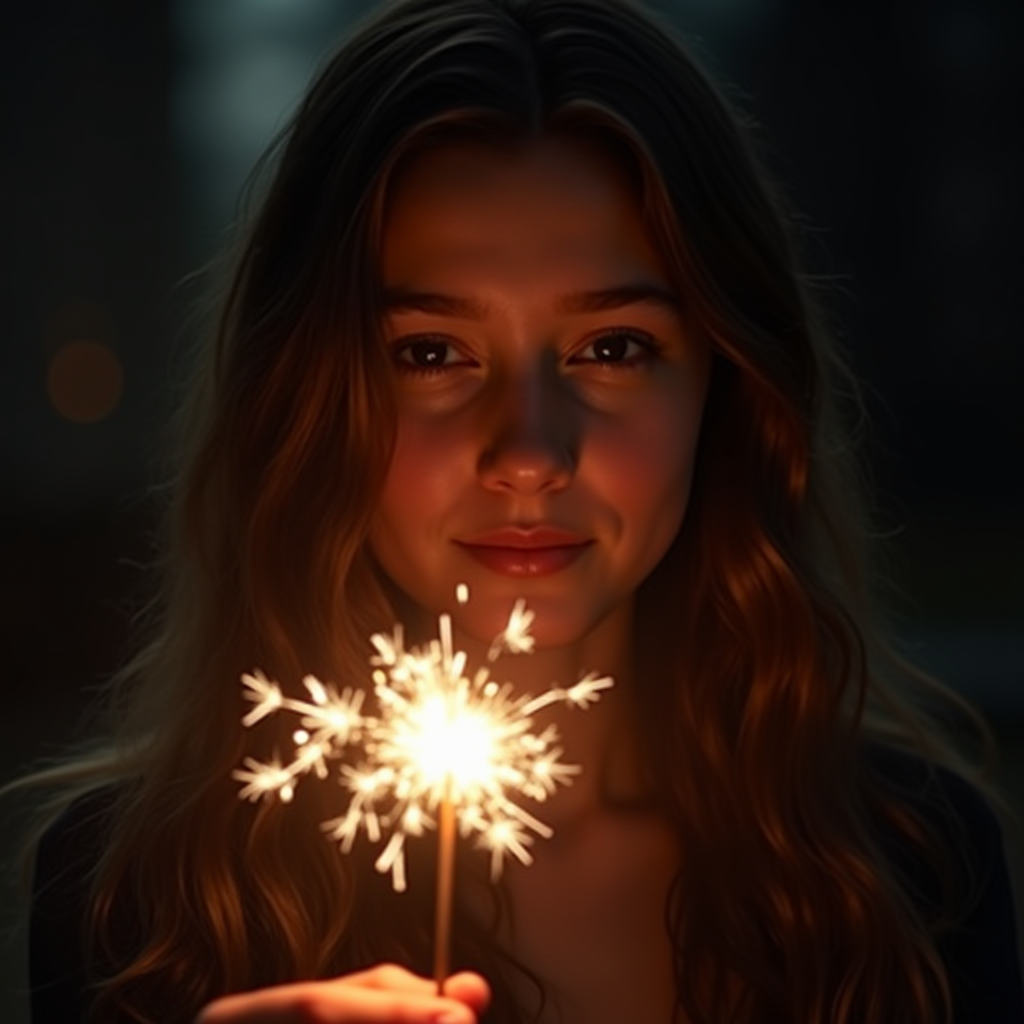 A young woman is warmly lit by a sparkling firework she holds against a dark, blurred background.