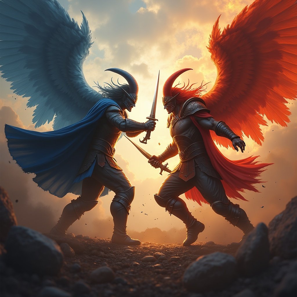 This image depicts two formidable warriors locked in combat, each embodying contrasting themes of light and dark. One warrior is adorned in blue tones, symbolizing angelic qualities, while the other dons red, representing demonic features. They are engaged in a fierce battle during twilight, with a dramatic sky in the background. Their poses convey motion and intensity, and the background hints at a mystical landscape. This scene is visually captivating, drawing the viewer into a world of epic fantasy and struggle.