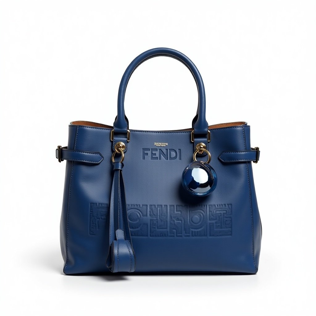 This image features a stylish FENDI bag crafted from muted vegan leather in a stunning indigo hue. The bag showcases an embossed pattern with words, giving it a sophisticated texture. It is complemented by a large transparent 4D plastic bead keyholder that adds a modern touch. The bag is positioned against a clean white background, making it the focal point. This design is an ideal representation of haute couture fashion, appealing to luxury lovers and eco-conscious consumers alike.