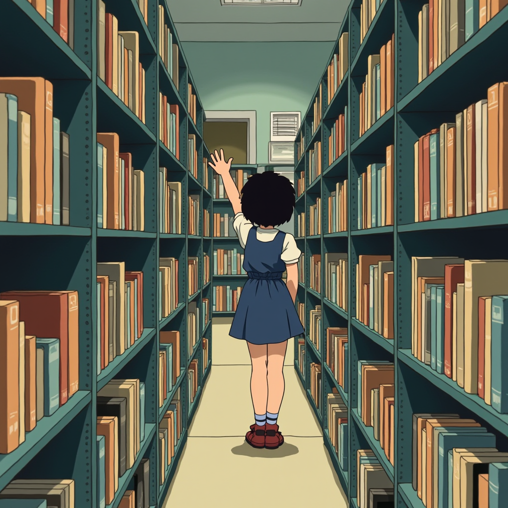 This illustration depicts a young girl with curly hair in a library, standing between two tall bookshelves filled with books of various sizes and colors. The girl is wearing a blue dress with a white shirt underneath and red shoes. She is reaching up with her right hand, as though trying to pull a book from a high shelf. The perspective is from behind the girl, creating a sense of depth as the shelves extend into the distance. The light is mellow, providing a warm and inviting atmosphere typical of a quiet library setting.