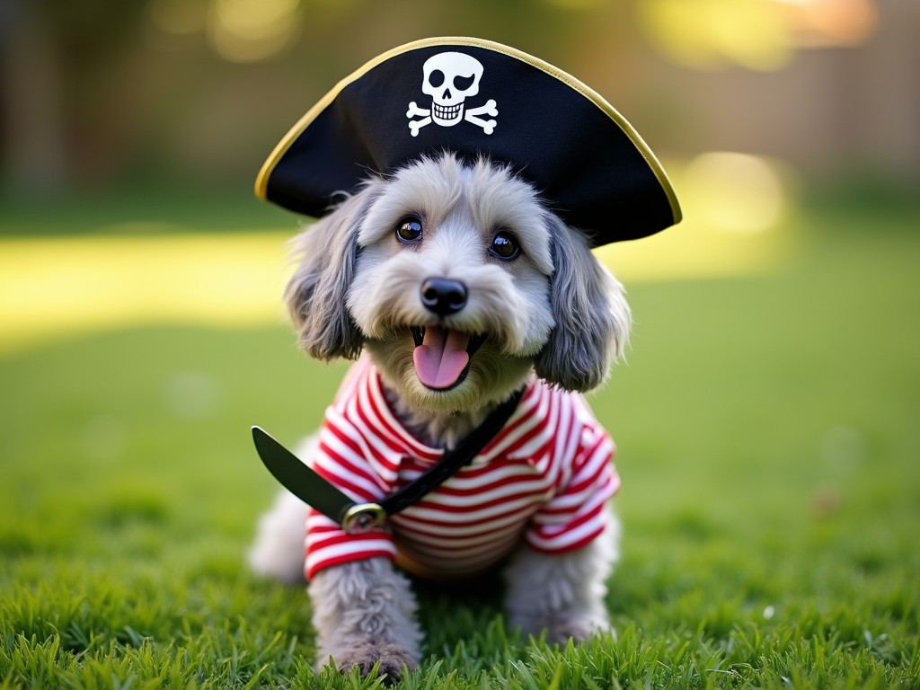 A cute dog dressed as a pirate stands on lush green grass. The dog has fluffy gray fur, and its costume includes a black pirate hat adorned with a skull and crossbones. It wears a red and white striped shirt with a black sash. The dog holds a toy knife in one paw, looking playful and cheerful. The sunlight illuminates the scene, enhancing the vibrant colors of the grass and the costume.