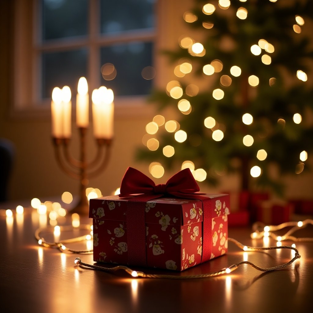 The image features a beautifully wrapped gift box adorned with a bow, set in a cozy, softly lit room. Surrounding the gift box are warm fairy lights that create a festive atmosphere. In the background, a majestic Christmas tree twinkles with lights, while a menorah and a kinara are subtly placed, representing the diverse holiday seasons. The words 'Holiday Gift Guide for Low Vision and Blindness' are featured above, emphasizing inclusivity in holiday giving. The scene captures the essence of warmth and togetherness during the holiday season, appealing to all traditions and celebrations.