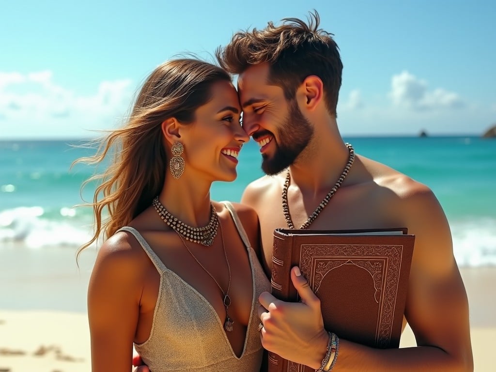 A joyful couple embraces on a sunny beach, smiling at the camera.