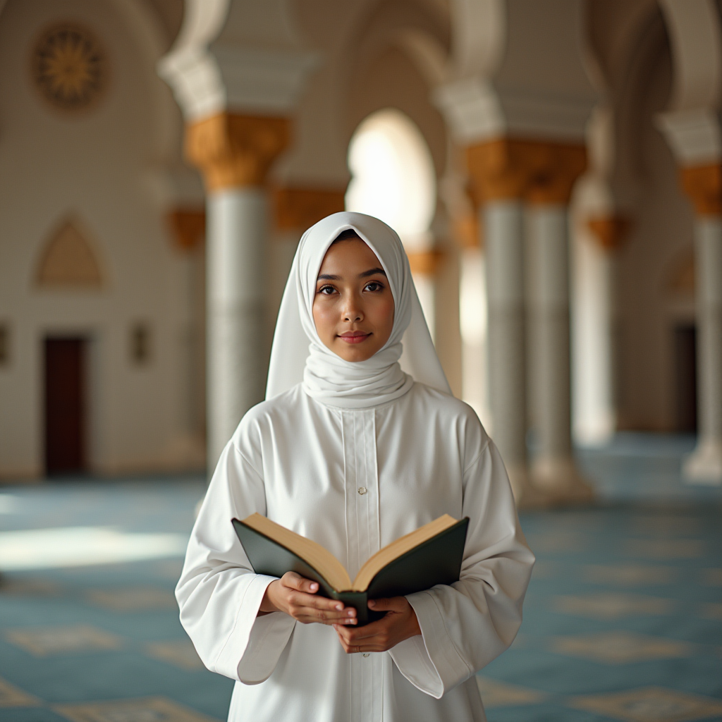 A woman stands in a mosque, dressed in white, holding an open book, emanating grace and tranquility.