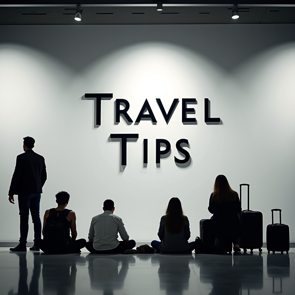 Travelers sit with their luggage beneath a bold 'Travel Tips' sign, engaging in introspection.