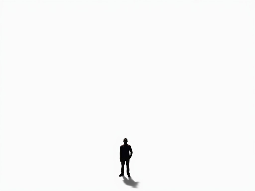 This image features a plain white background, creating a serene and minimalist atmosphere. In the center, there is a silhouetted figure of a man standing still. The perspective is vertical, looking down on him. His shadow extends down towards the bottom of the screen, adding depth to the otherwise empty space. The stark contrast between the black silhouette and white background enhances the focus on the figure. This artistic representation evokes a sense of solitude and introspection.