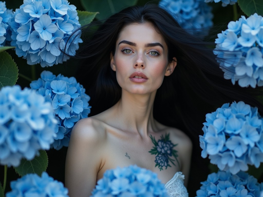 A serene portrait of a woman surrounded by vibrant blue hydrangeas, with her hair flowing and a tattoo on her shoulder.