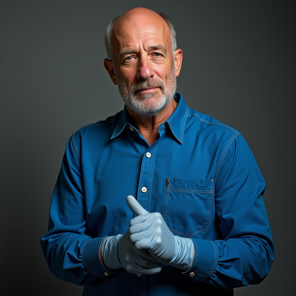 A man in a blue shirt wearing gloves looks confidently at the camera against a dark background.