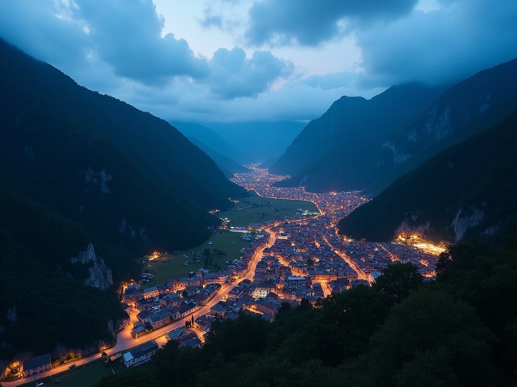 A picturesque town illuminated by streetlights in a valley during dusk with surrounding mountains and a blue sky.