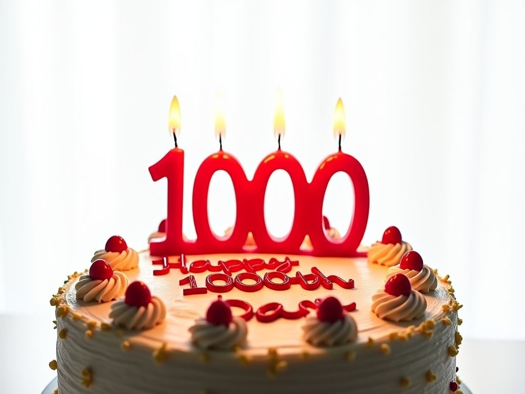 A birthday cake is prominently displayed with bright red candles on top, marking a special celebration of turning 1000. The cake is adorned with creamy frosting and the words 'Happy 1000th Dain' elegantly written in icing. In the background, a plain white emphasizes the cake's vibrant decorations. The candles burn brightly, contributing to the festive atmosphere. This cake represents a milestone birthday celebration, encapsulating the joy of such an occasion in a simple yet refined design.