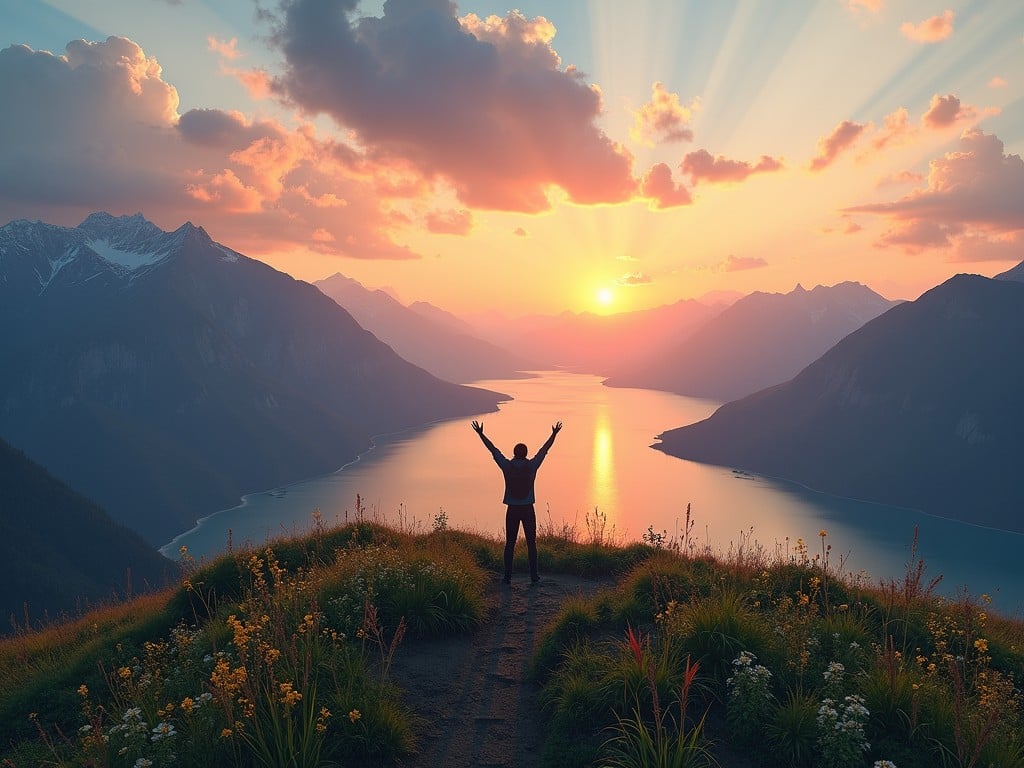 A lone figure stands triumphantly on a hilltop, overlooking a serene lake flanked by majestic mountains. The sun rises on the horizon, casting vibrant hues of orange, pink, and gold across the sky and water, evoking a sense of freedom and exhilaration.