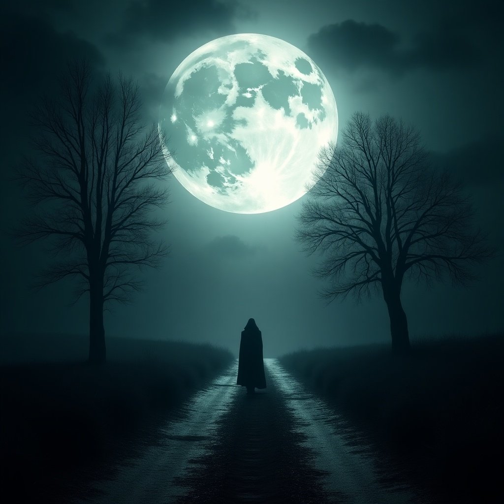 The image depicts an eerie landscape on a moonlit night. A large, luminous moon casts a ghostly light over a desolate dirt path. A solitary figure appears to walk towards the viewer, shrouded in mystery. Dark clouds swirl around the moon, enhancing the haunting atmosphere. Trees stand ominously along the path, creating a sense of isolation and foreboding. The overall mood is both captivating and unsettling, inviting viewers to ponder the narrative behind the scene.