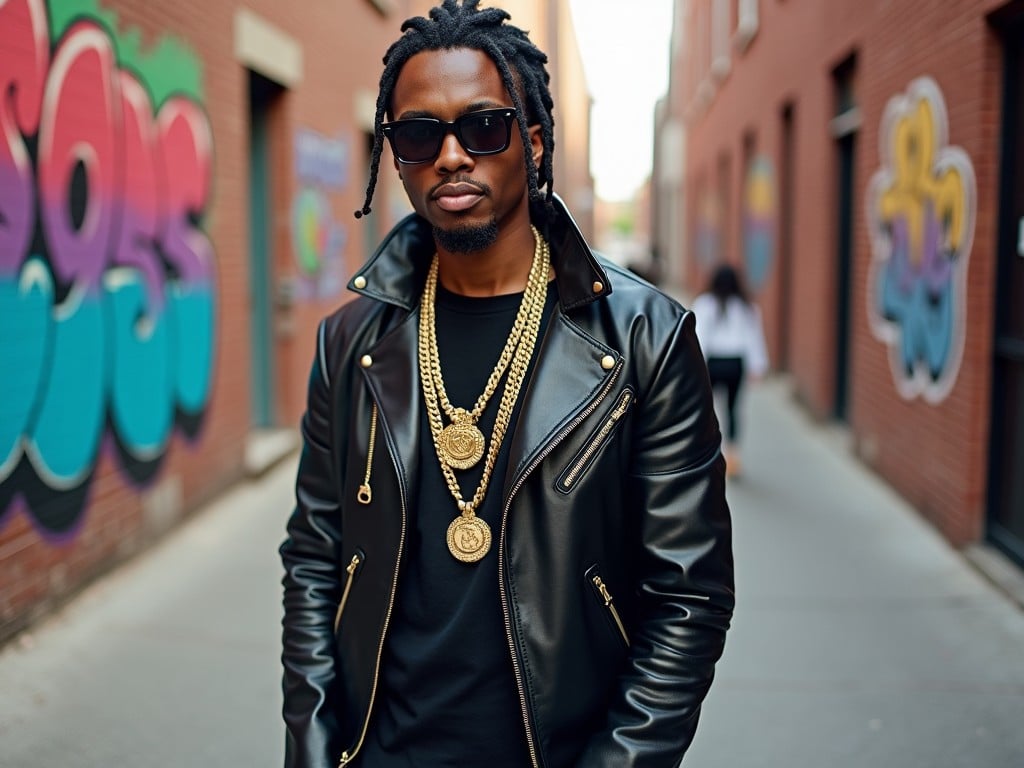 Man wearing black leather jacket and sunglasses with gold chains, standing in an alley with graffiti.