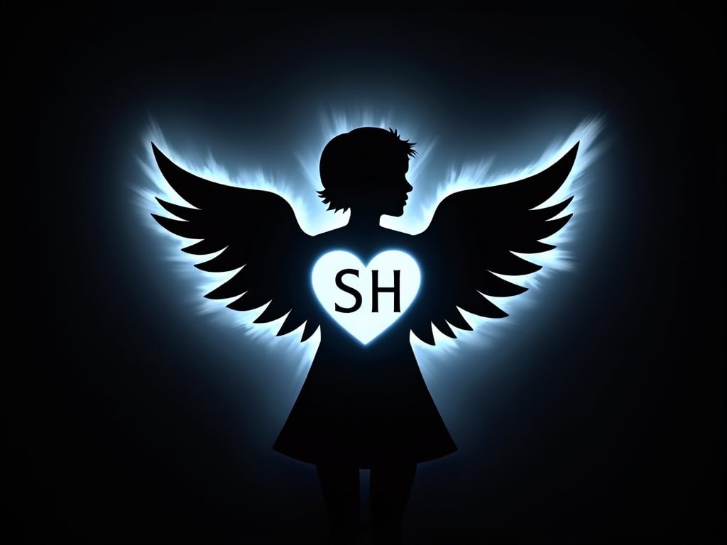 A silhouette of a figure with angelic wings stands out against a dark background. The center of the figure showcases a glowing heart with the letters 'SH' inside, emitting a radiant light that highlights the wings with a blue tint.